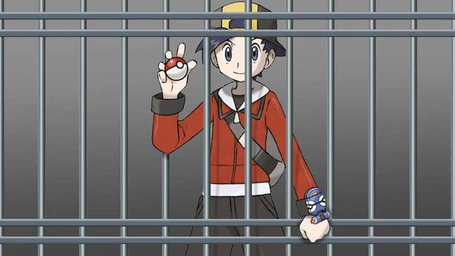 A Pokémon trainer holds a Pokémon ball in his right hand in prison.